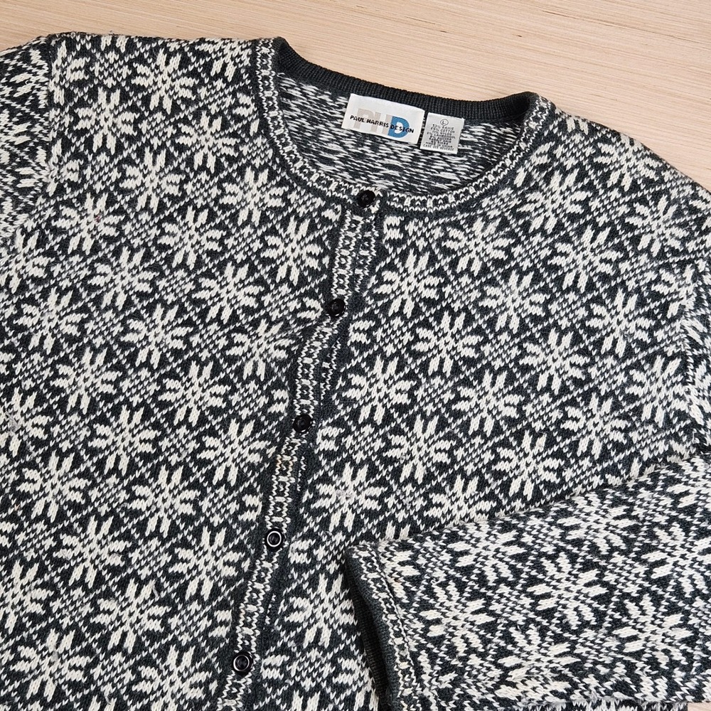 Paul Harris Design Cardigan Women L Black White Nordic Snowflake Knit Sweater